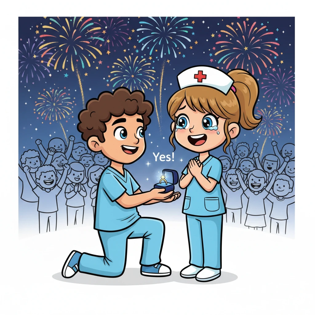 Under a shower of sparkling fireworks on New Year's Eve, Matt knelt, a tiny velvet box gleaming in his hand. Beth's eyes welled up with happy tears as she joyfully said "Yes!" Their embrace was surrounded by the cheers of the crowd and the explosions of color in the night sky.