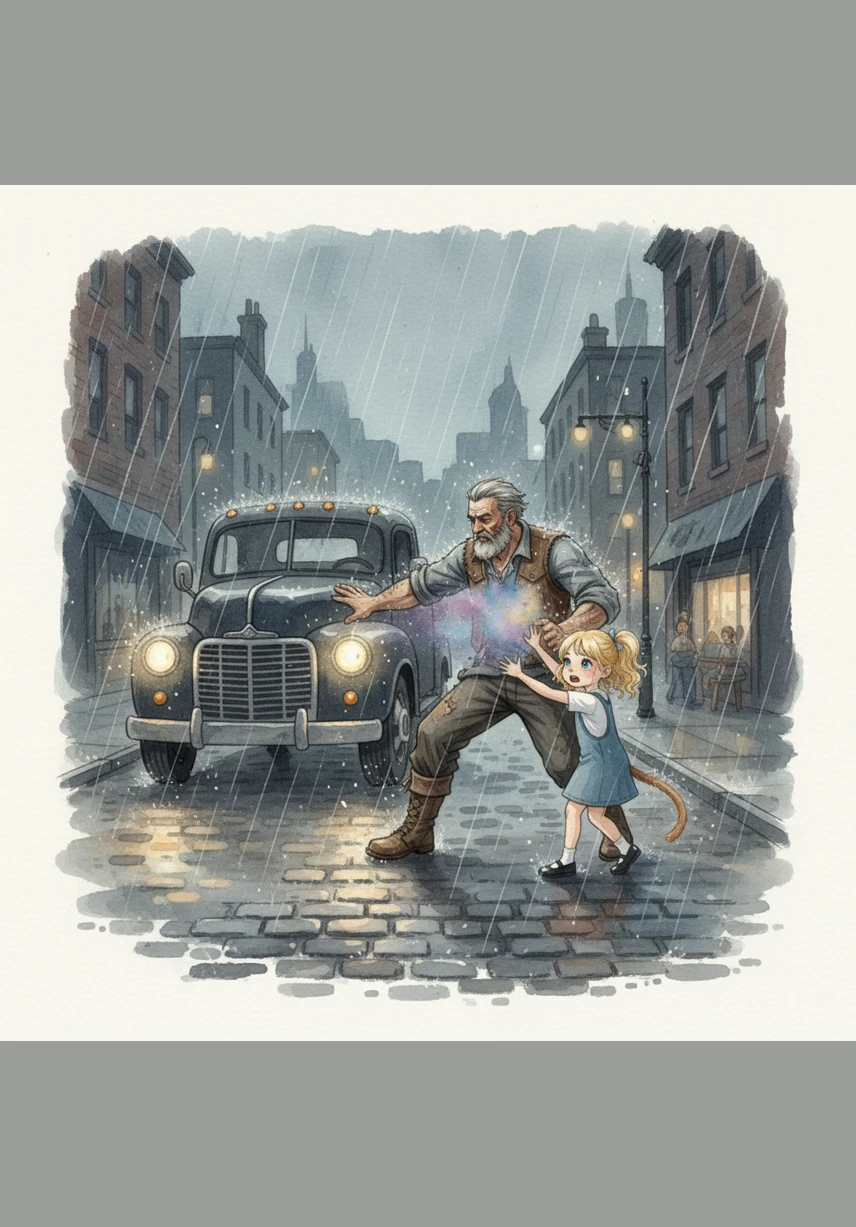 Elias stood in the pouring rain, a homeless man with nothing left but his inner decency. When a truck barreled toward a distracted little girl, he didn't hesitate, lunging forward to push her to safety as the world faded into darkness.