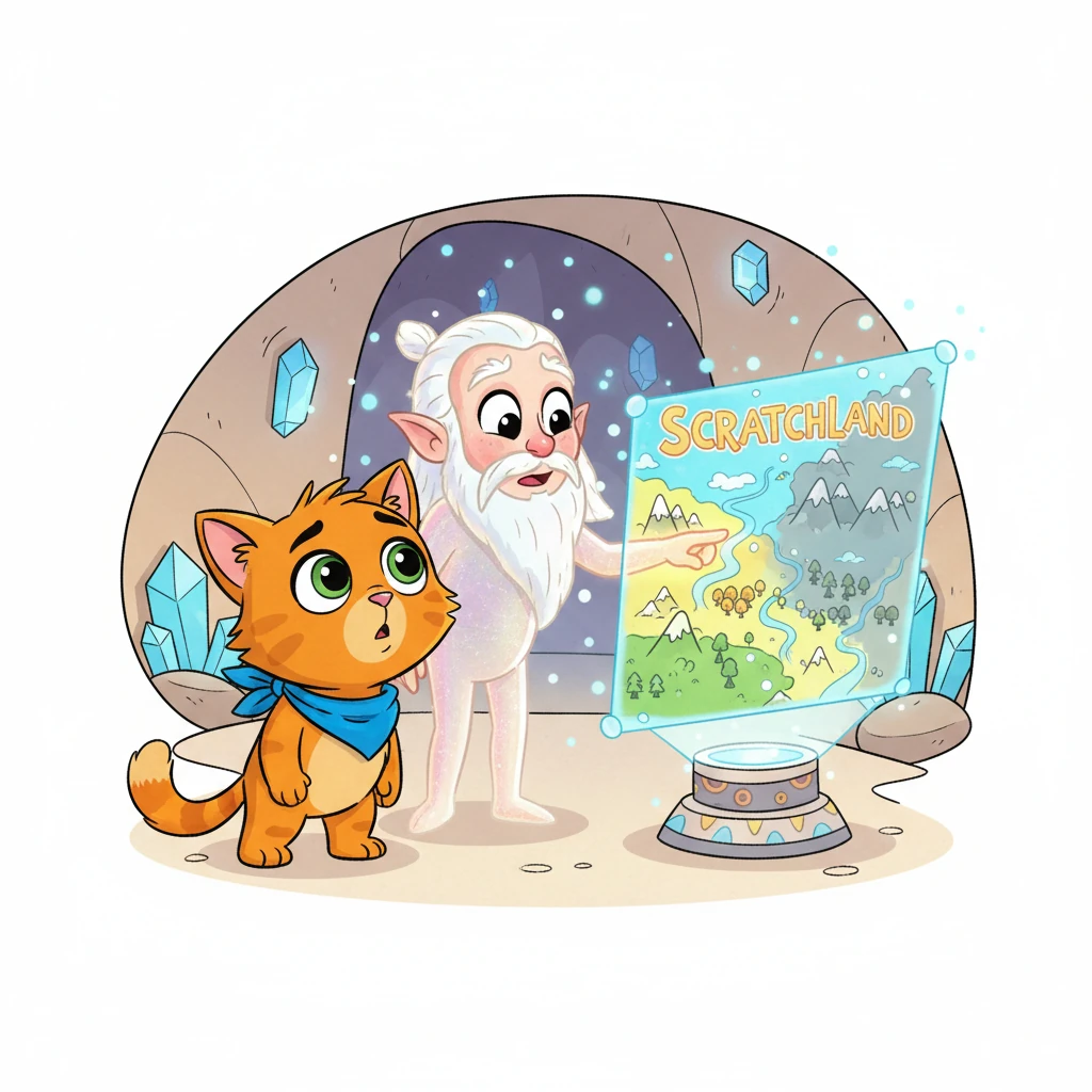 Pixel, a small, orange cat with big, curious eyes and a bright blue bandana, stands before a wise, shimmering elder sprite. The elder points a glowing paw towards a holographic map of Scratchland, which shows vibrant colors slowly turning grey. Pixel's face is a mix of awe and concern, as he learns about the fading Code Crystals that power his beloved home.