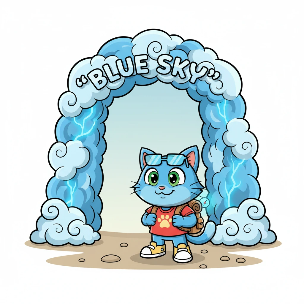 Pixel arrives at the magnificent 'Blue Sky' gate, a towering archway made of swirling digital clouds and glowing blue energy. The gate pulses gently, inviting him forward, but beyond it, the sky is a muted, pale blue. He takes a deep breath, his small explorer's backpack packed with courage and a tiny, glowing compass.