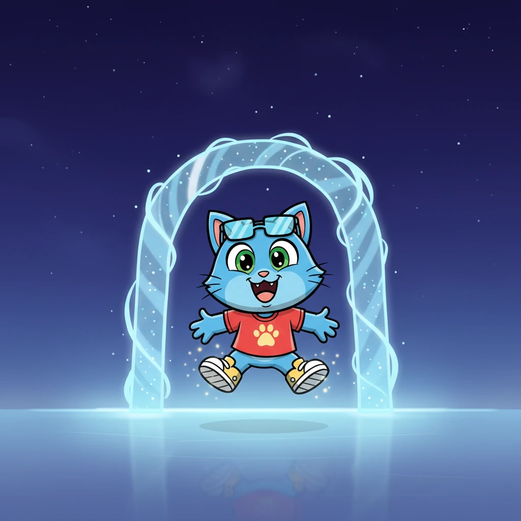 With a determined leap, Pixel steps through the shimmering gate, his paws landing softly on the other side. "Hello, world!" he exclaims, his voice a tiny echo in the vast, quiet space. A faint, almost imperceptible sparkle radiates from his paws as he introduces himself, a hopeful glimmer in the fading light.