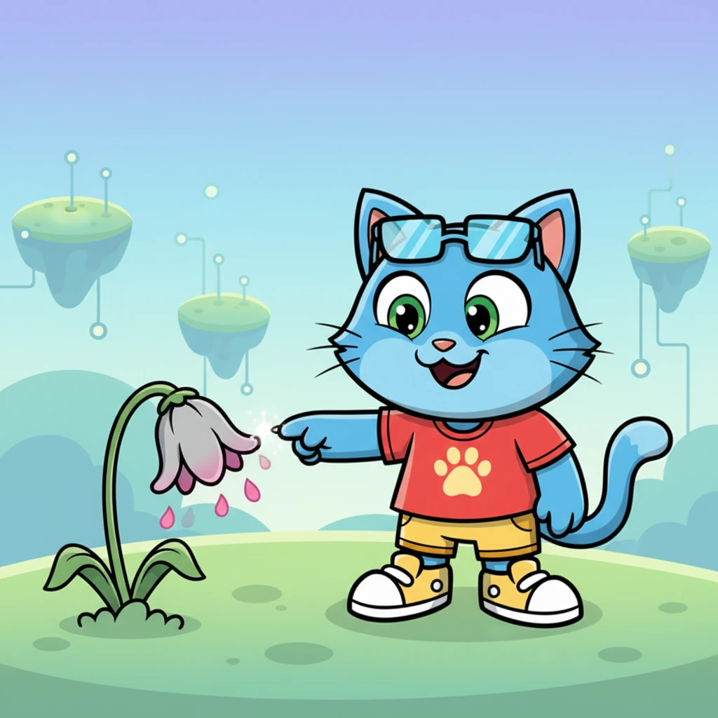 Remembering his task, Pixel concentrates, holding out a paw towards a wilting digital flower. A tiny, almost invisible spark of magic flickers from his paw tips, and the flower's petals briefly regain a hint of their original vibrant pink before fading again. It's a small start, but a spark nonetheless.