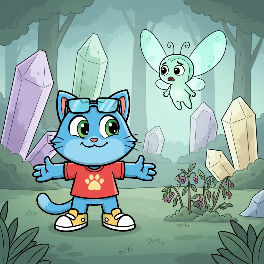 Suddenly, a tiny, worried-looking sprite named Glitch-Goose flutters down, its usually bright blue wings now a pale turquoise. "Oh, dear! Are you the new explorer?" Glitch-Goose asks, its voice a soft, tremulous chirp. It explains how the fading crystals make everything feel slow and sad, and how even its favorite berry bushes haven't grown in weeks.