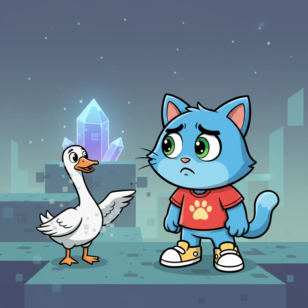 Pixel listens intently, his brow furrowed with concern as Glitch-Goose gestures to the faded landscape. He looks from the sprite to the distant, dimming Code Crystal, realizing the immense challenge ahead. The weight of Scratchland's hope settles on his small shoulders, a daunting but important burden.