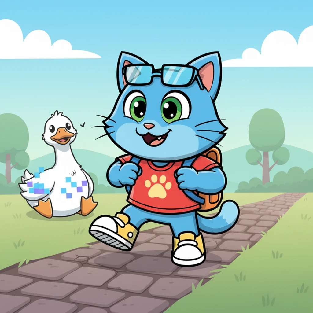 With a confident nod to Glitch-Goose, Pixel tightens the straps of his backpack and takes his first brave step onto the faded path. The ground beneath him, usually a bouncy, springy texture, feels a little stiff, but he walks with purpose, ready for the adventure.