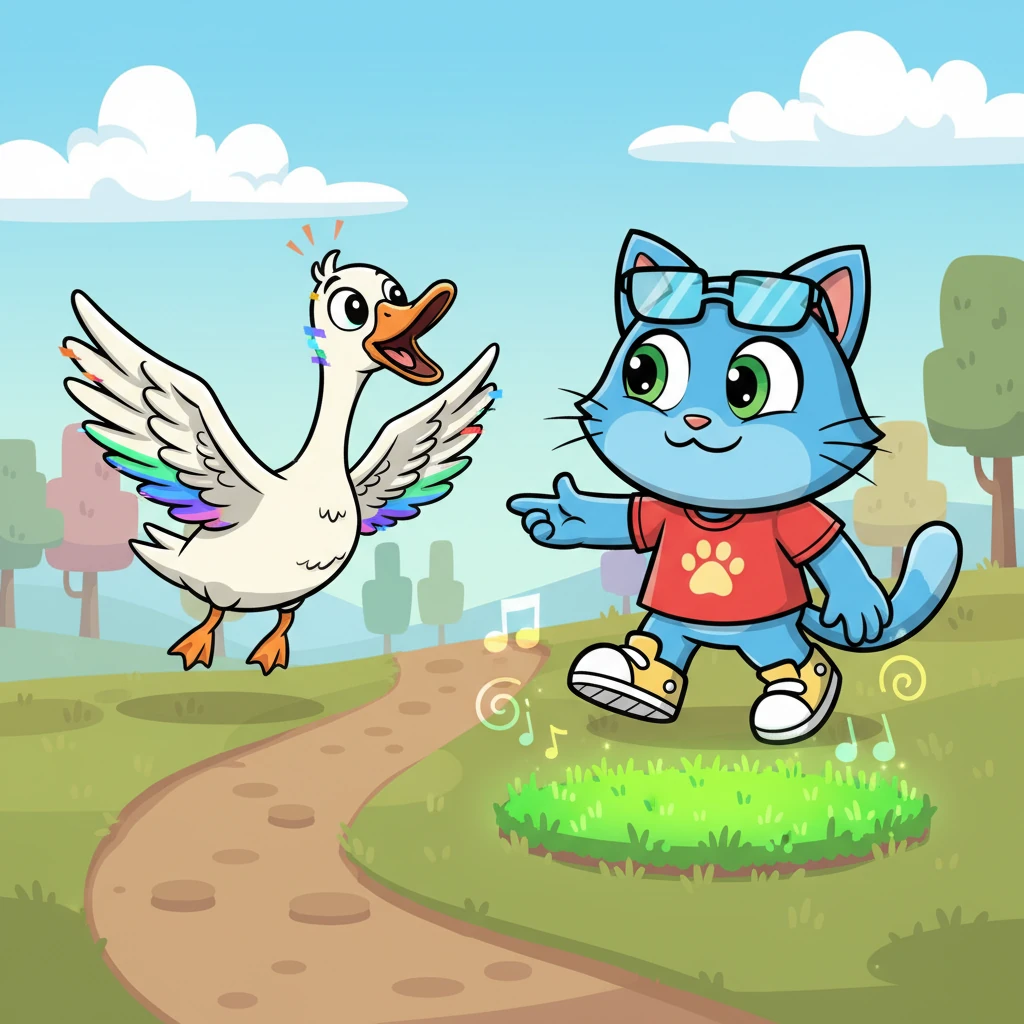 As Pixel walks, a small patch of grass beside the path, touched by his hopeful presence, subtly brightens to a slightly richer green. Glitch-Goose, flying beside him, gasps in surprise and joy, seeing a tiny glimmer of the old Scratchland returning. A faint, hopeful melody seems to drift on the digital breeze, hinting at brighter days to come.