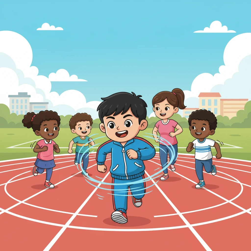 热身时间到了，瑞安跟着老师和同学们一起绕着圈跑。他跑得又快又开心，就像一阵小旋风，为接下来的挑战做好了准备。