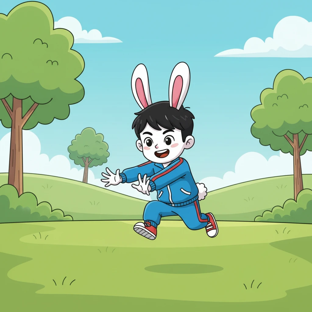 接着，瑞安模仿小青蛙，双腿一蹬，跳得又高又远。他又变成一只可爱的小兔子，蹦蹦跳跳地前进，真是活泼极了。