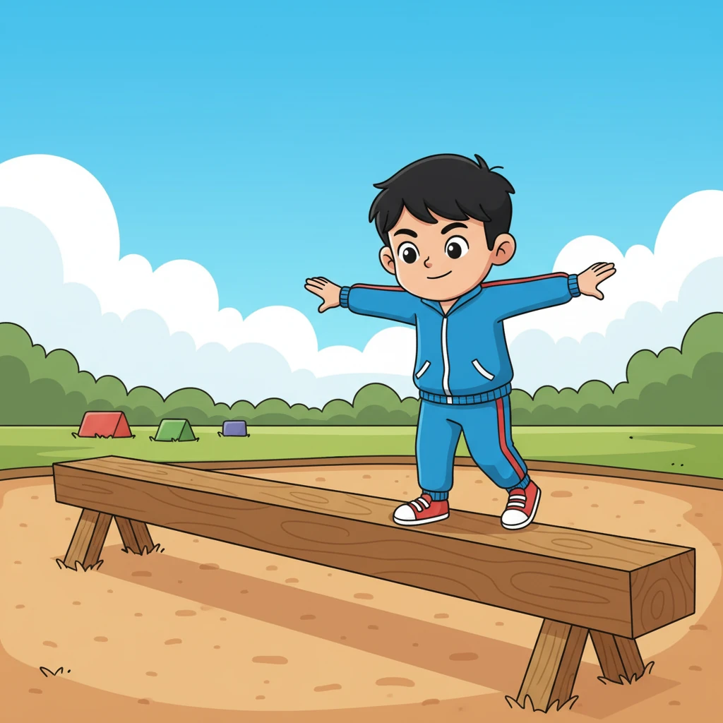 正式上课了，瑞安小心翼翼地走上独木桥，张开双臂保持平衡。他每一步都走得很稳，成功地走到了独木桥的另一端。