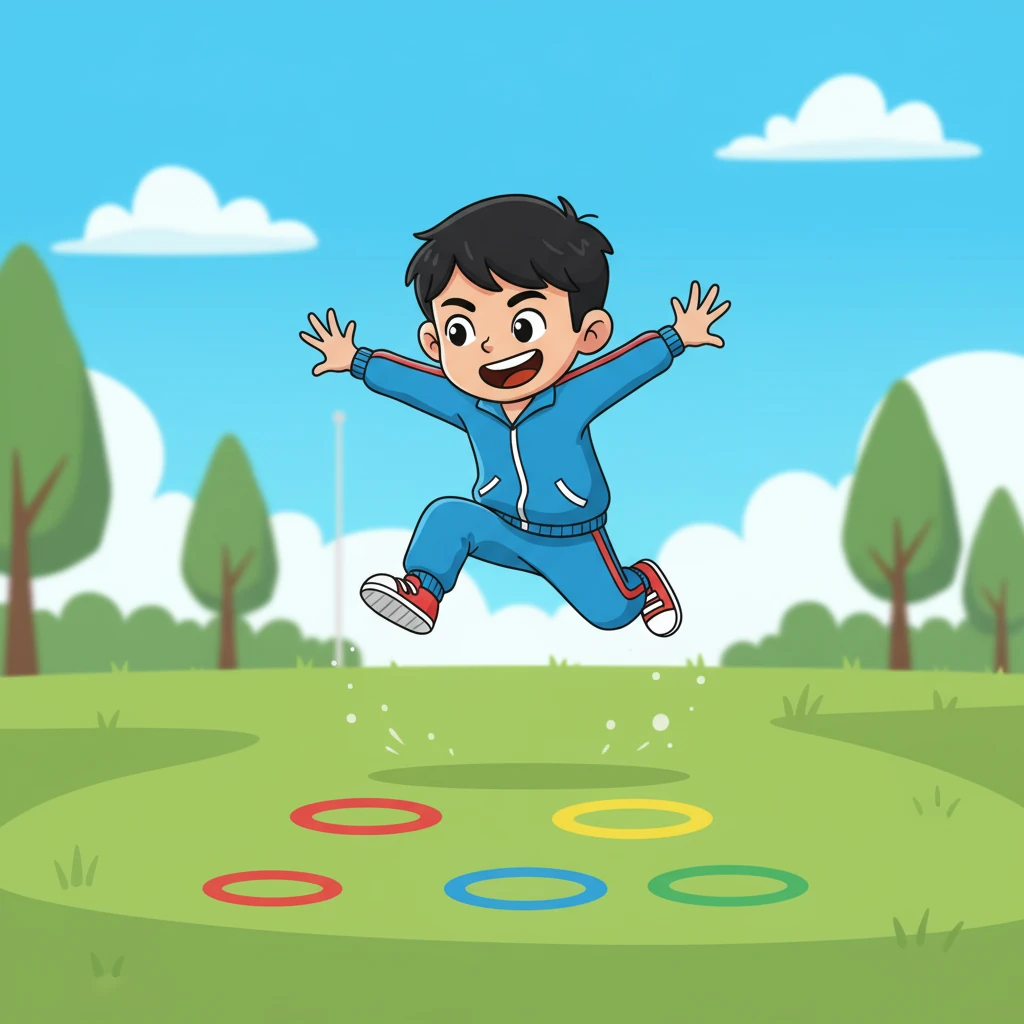 瑞安飞快地跳过一个个彩色的小圈，然后助跑、起跳，完成了一个漂亮的跳远。他落地时轻巧又自信，脸上充满了成就感。