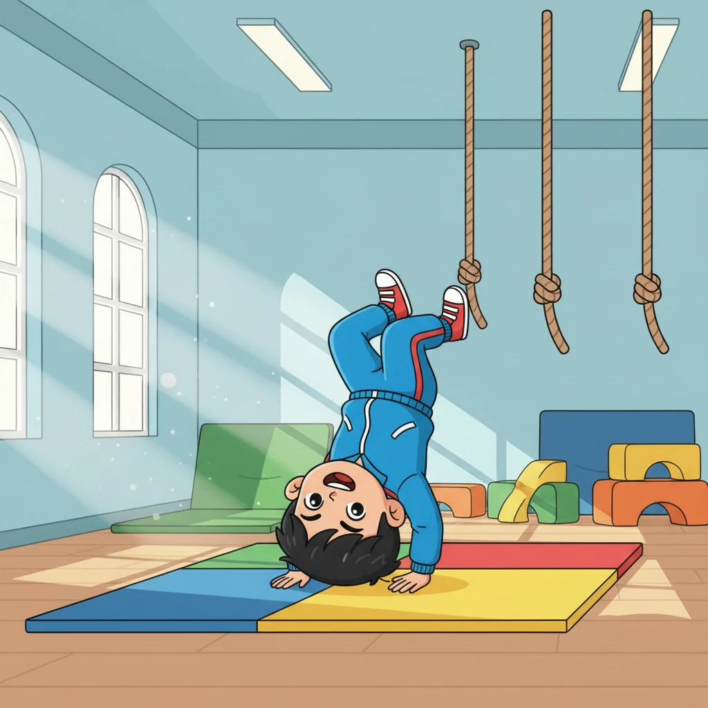 接下来是前滚翻，瑞安弯下身体，像个小皮球一样滚了过去，动作流畅又标准。他站起来的时候，忍不住为自己鼓掌。