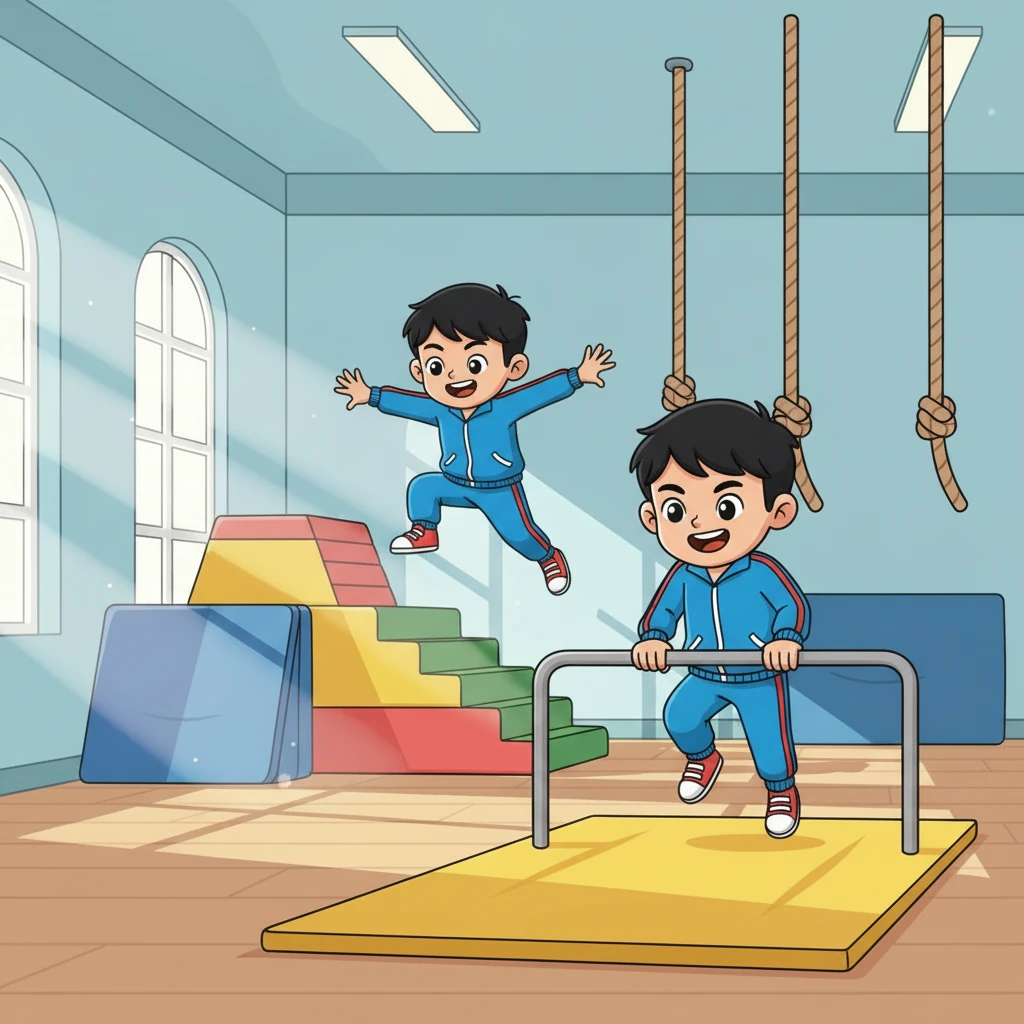 瑞安勇敢地爬上高高的软垫，从上面轻轻一跃，稳稳地跳了下来。他又抓住单杠，小手臂用力，晃动了几下，感觉自己像个小英雄。