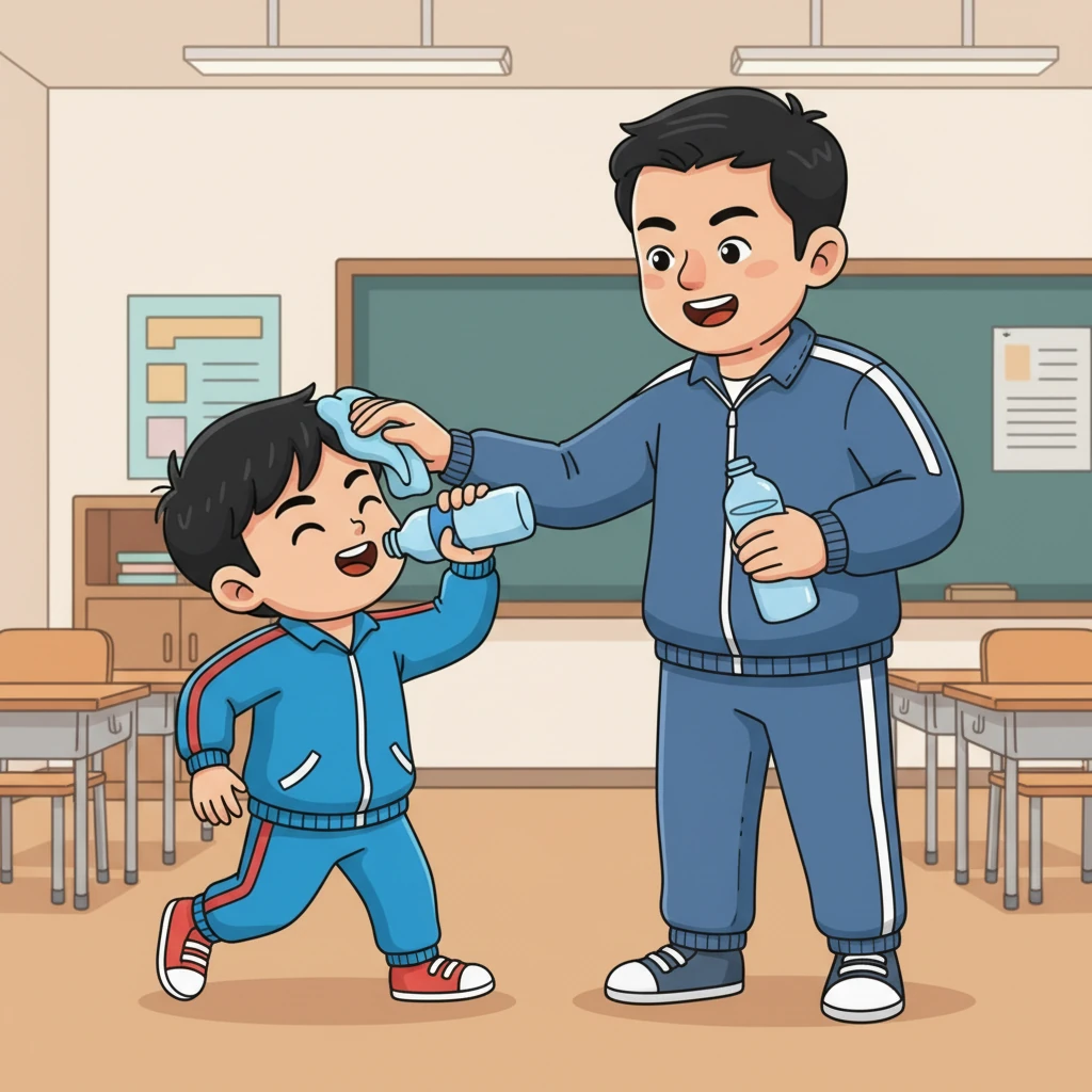 课程中间，瑞安跑到爸爸身边，咕嘟咕嘟地喝了一大口水，爸爸温柔地帮他擦去额头上的汗珠。短暂的休息让他充满了力量。