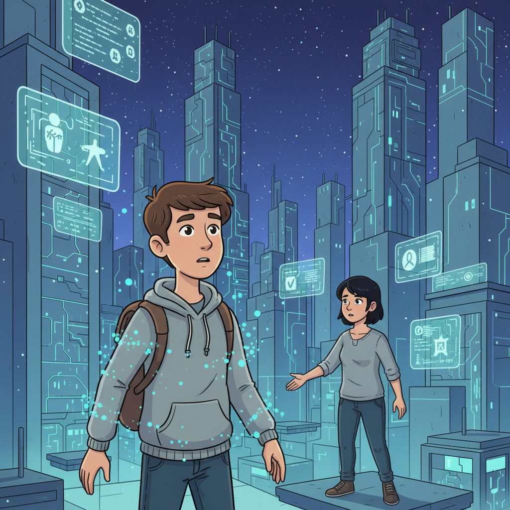 Desperate to escape, Alex attempted to close the window, but the digital stream pulled him in. The monitor expanded, the room dissolved, and he was thrust into a vibrant, yet treacherous, simulation. Now a digital avatar, Alex navigated a city, a prisoner in a virtual world, encountering Mira, a fellow DarkCorp escapee.