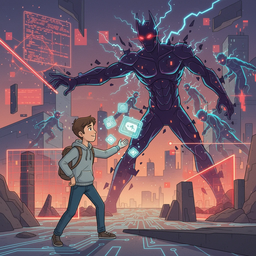 Together, Alex and Mira faced the challenges. As they advanced, the DarkCorp hologram relentlessly countered: summoning copies, changing the landscape, activating security protocols. Alex, empowered by the collected icons, faced the final confrontation, a clash of code and will.