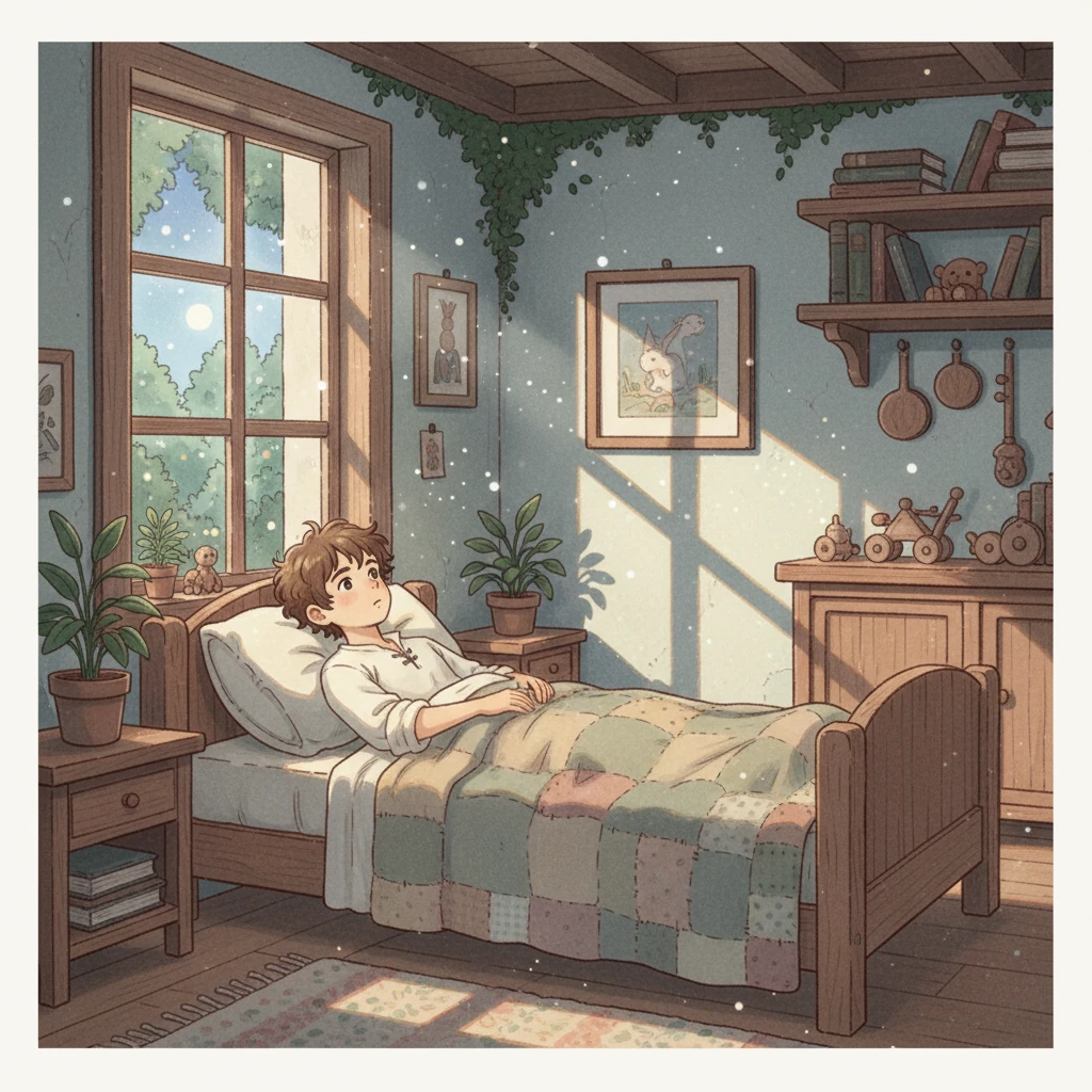 Leo, a young boy with wide, thoughtful eyes, lay awake in his bed. The moon cast long, silvery shadows across his room, and he felt a quiet, deep wish stirring in his heart, a longing for something warm and new to fill their quiet home. He thought of his mother, sleeping soundly down the hall.