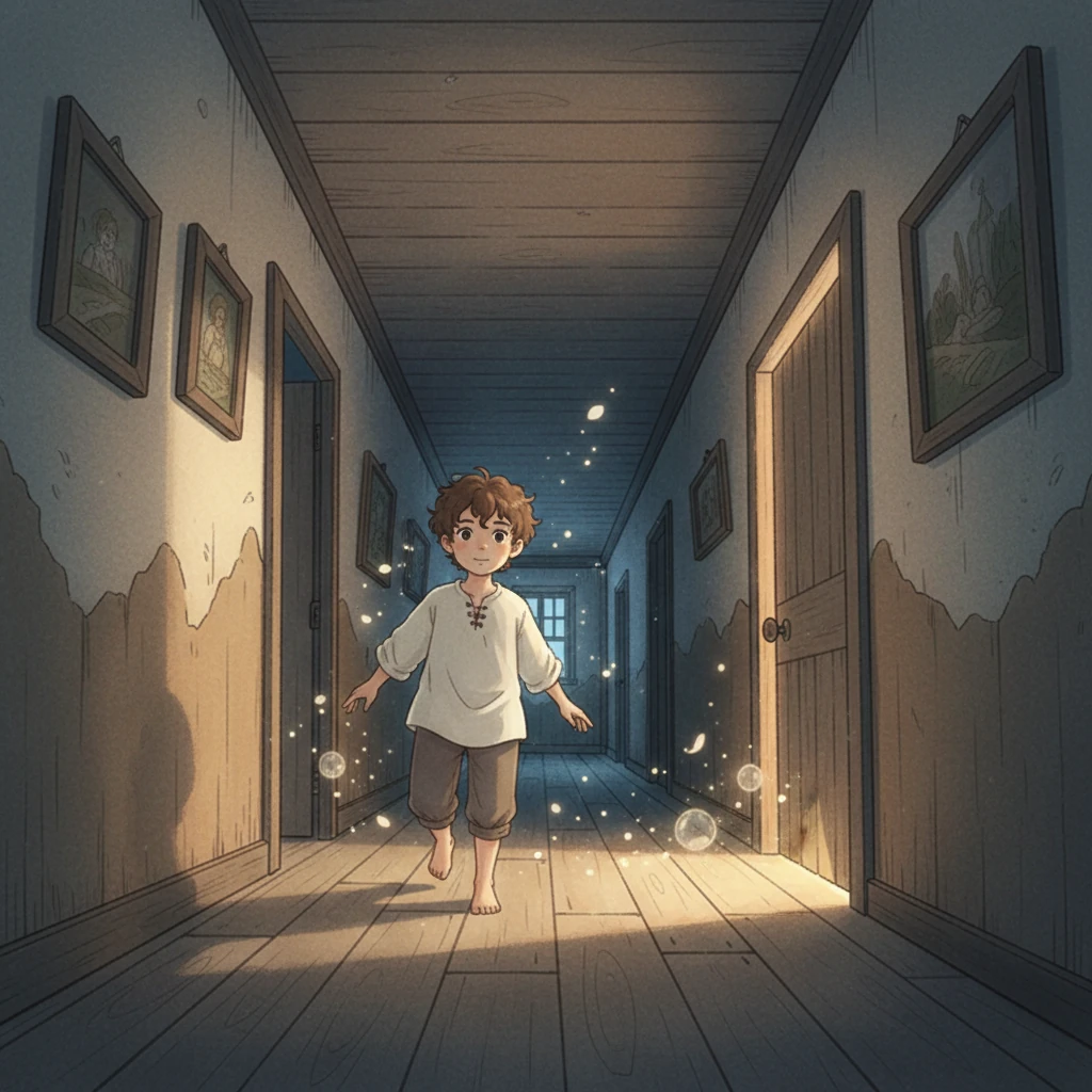 Guided by an unseen pull, Leo slipped out of bed, his bare feet padding softly on the cool wooden floor. He tiptoed through the silent hallway, the old house creaking softly around him, until he reached his mother's bedroom door, a sliver of moonlight peeking from beneath it.