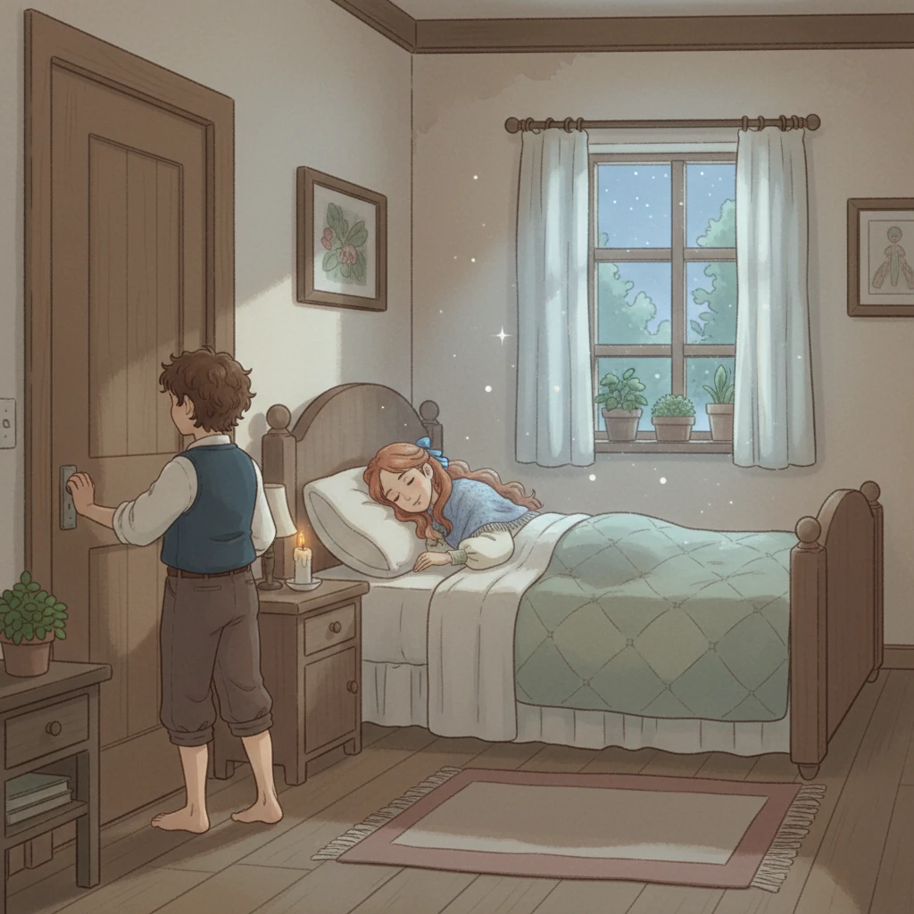 He gently pushed the door open, revealing his mother asleep in her bed, bathed in the soft glow of the moon. Her face is peaceful, a gentle smile gracing her lips even in sleep. Leo approached the bed, his heart full of unspoken wishes and a tender love.