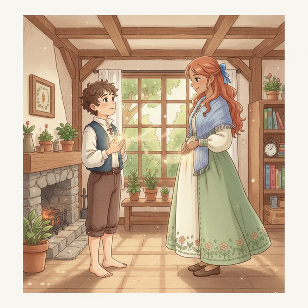 As Leo gazed at her, a tiny, luminous wisp of light, like a shimmering firefly, gently detached from his chest and hovered softly over his mother's abdomen, pulsating before dissolving into her. It was a silent, profound moment, an innocent wish for new life and joy manifesting in a magical, dream-like way, planting a seed of hope.