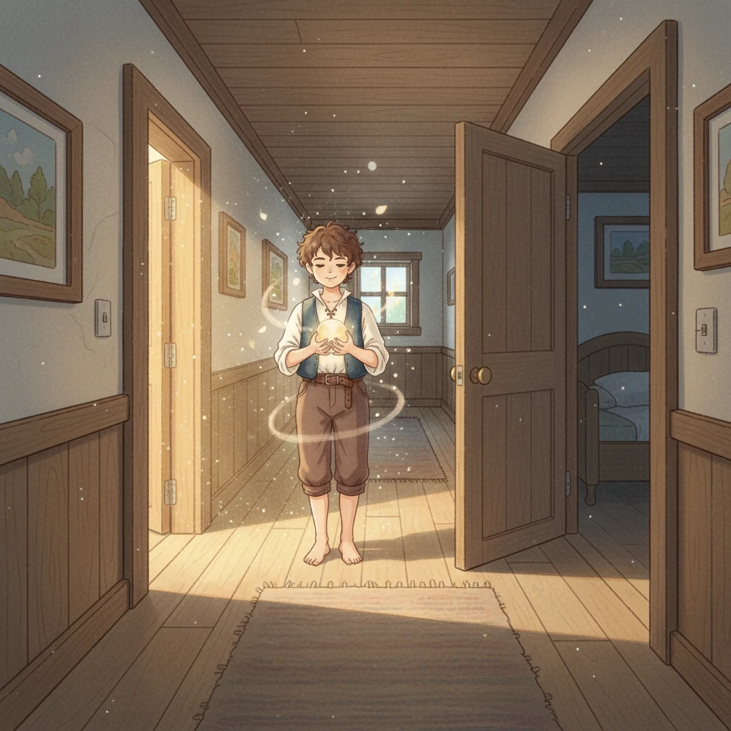 A quiet warmth filled Leo's chest, a feeling of deep peace settling over him. He backed away slowly, a faint smile playing on his lips, and tiptoed back to his own room, the magical encounter feeling like a vivid, comforting dream. He climbed back into bed, drifting into a deep, contented sleep.