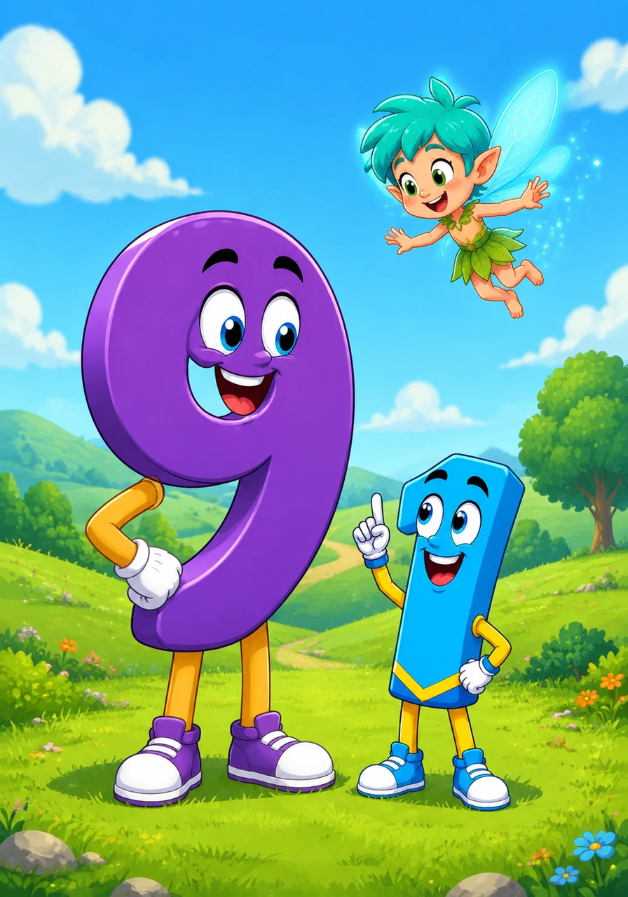 In the bright and colorful land of Numberville, Digit the math sprite loved watching the numbers play together. Two of the closest neighbors were Nine, a tall, proud number, and One, a small but energetic little figure who lived right next door.