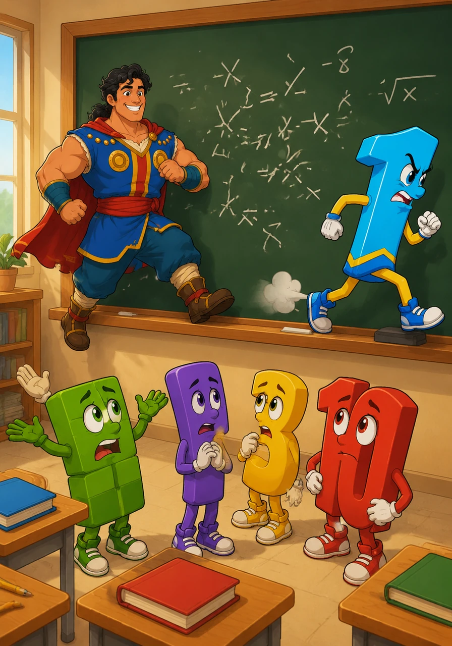 When Digit tried to bring them together for a math problem, One marched onto the chalkboard, causing Nine to turn around and stomp away immediately. Every time One arrived, Nine left, leaving the math equations completely broken and incomplete.