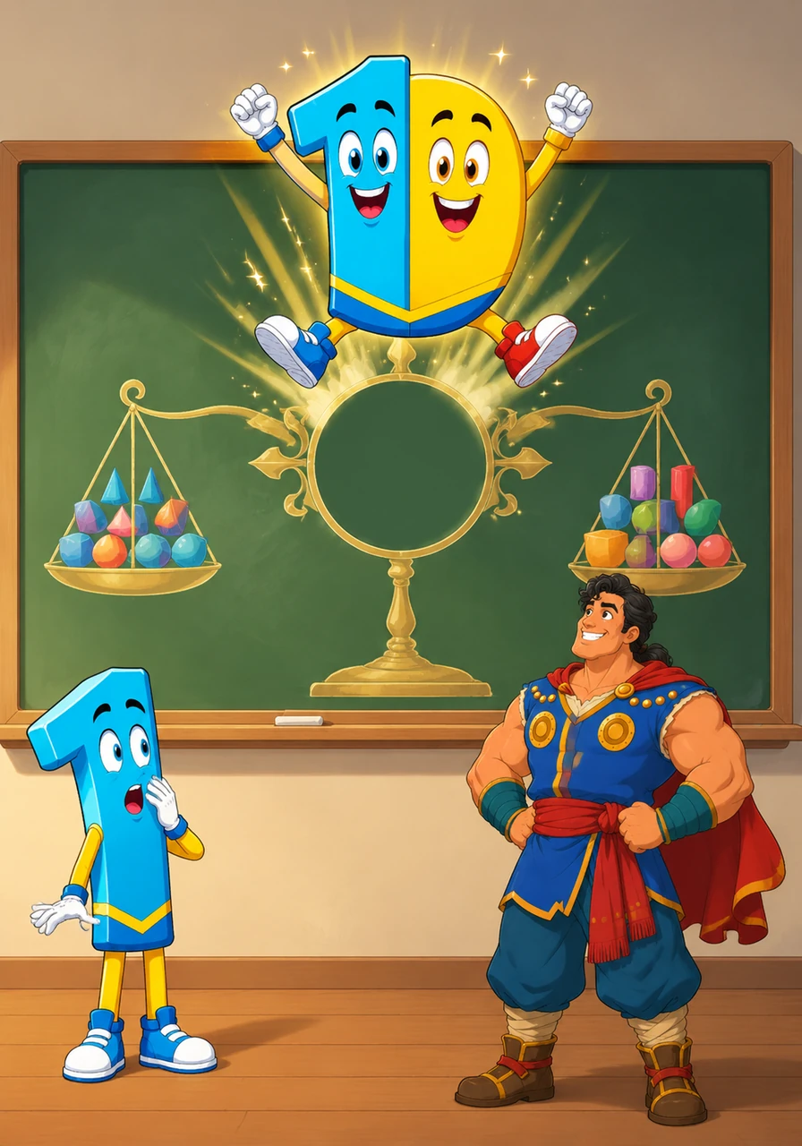 As soon as Nine stepped away, Ten proudly leaped into the empty spot on the chalkboard with a grand flourish. By adding Ten's great strength to the empty space, the entire equation balanced out perfectly.
