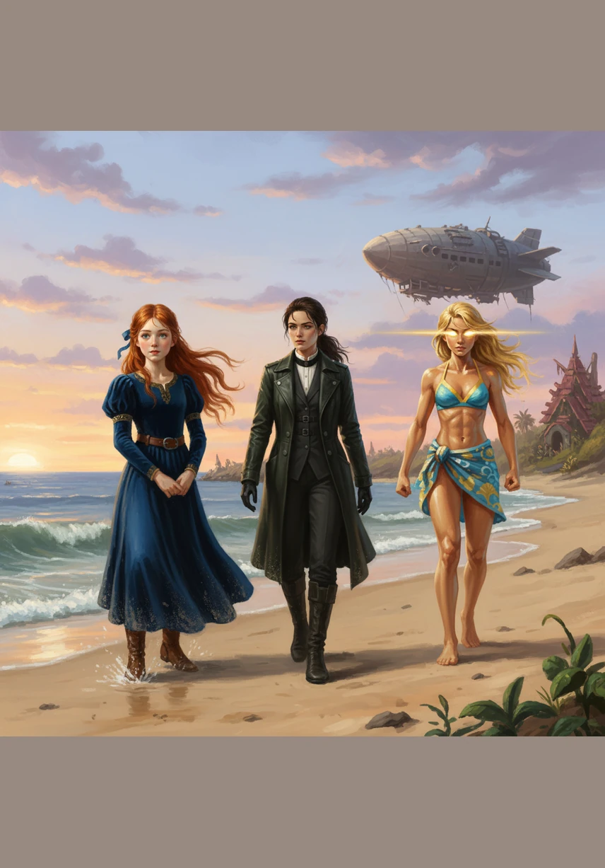 As they stepped onto the sand, the sky suddenly turned a strange shade of gray. A massive, swirling tornado appeared over the ocean, casting a dark shadow across the waves. The girls stopped in their tracks, staring at the terrifying sight ahead.