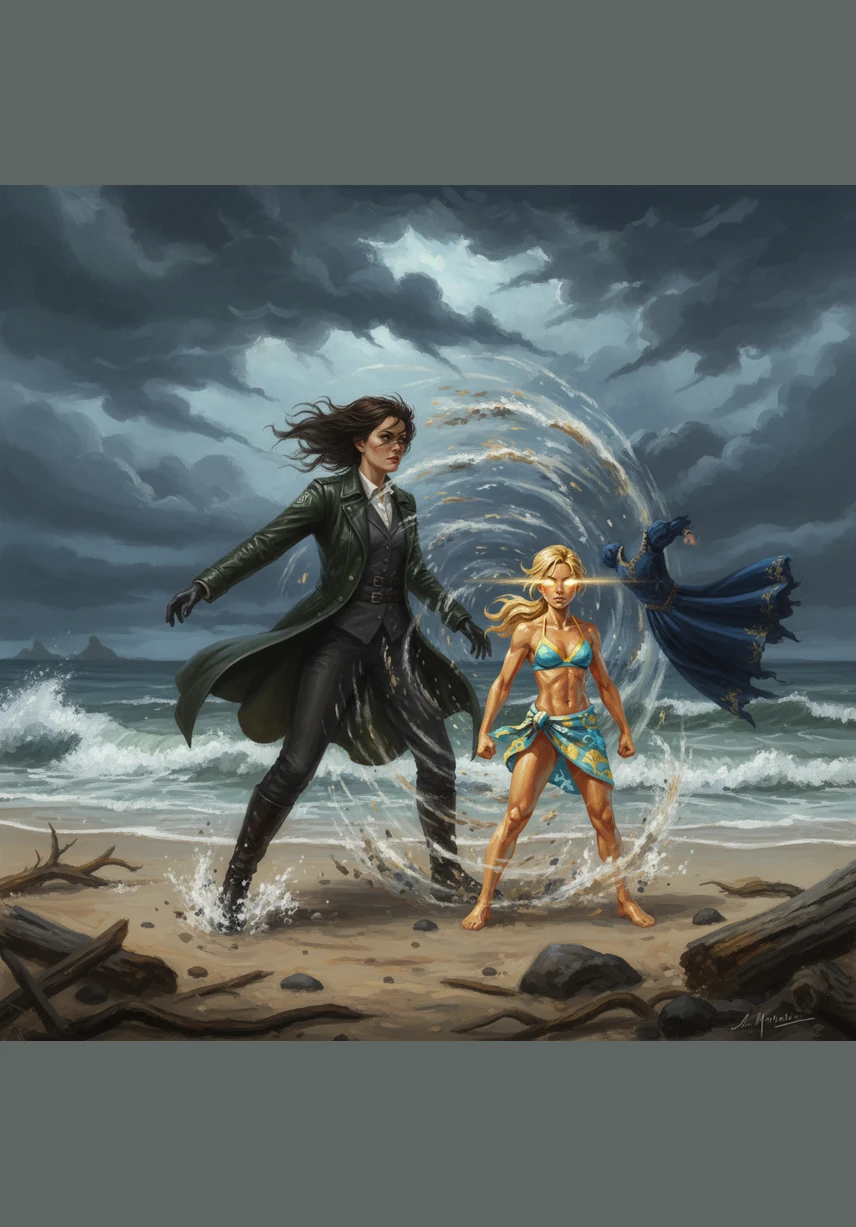 Before Ellie Joy could stop the storm, a sudden gust of wind swept across the beach. Madeline cried out as the powerful vacuum of the tornado lifted her right off the ground. She was pulled into the air toward the center of the swirling chaos.