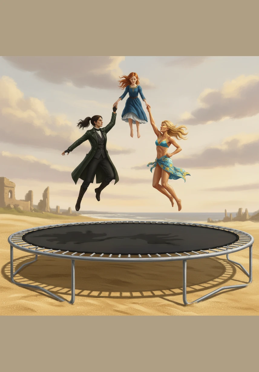 With a mighty leap, Ellie Joy and Trinity jumped onto the trampoline, bouncing higher and higher with every spring. They reached toward the sky, finally catching Madeline’s hand just as she drifted past. Together, they pulled her down and tumbled safely back to the sand.