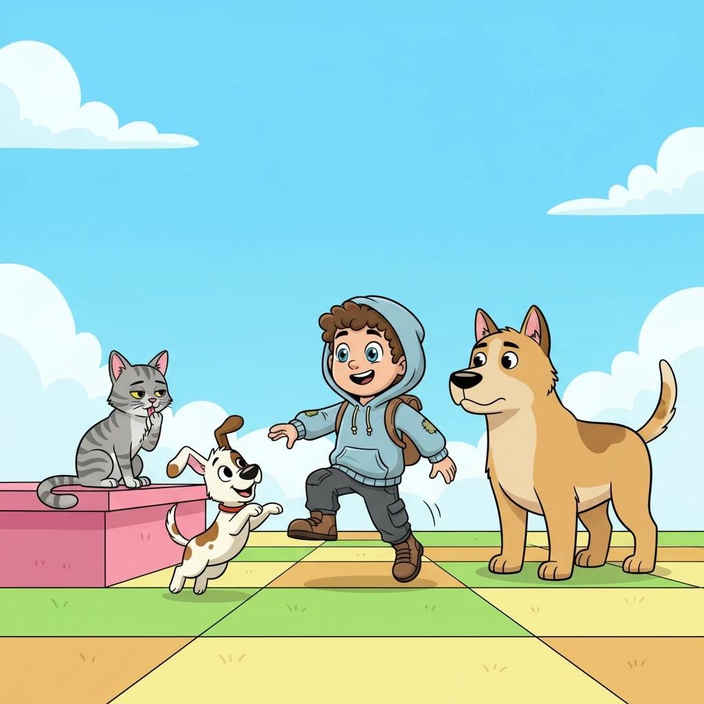 Carson materialized in a bright, blocky world under an endless blue sky, with nothing but the clothes on his back. Beside him, Pizza, a white and brown dog, bounced with excitement, while Dozer, a sturdier dog, stood watchfully. A gray-and-white cat named Bazinga calmly licked a paw, already bored by the sudden appearance.