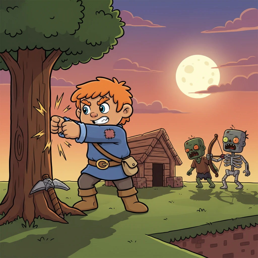 The first days were a whirlwind of survival. Carson punched trees until his arms ached, hastily crafted a wooden pickaxe, and built a small, crude shelter just as the sun dipped below the horizon. As darkness fell, groaning zombies and skeletal archers emerged from the shadows, making the night a terrifying race for safety.