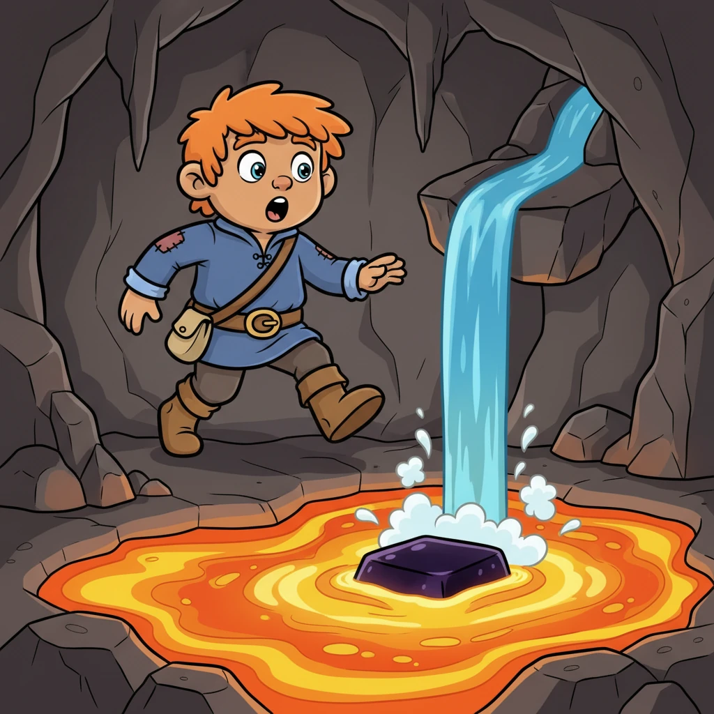While exploring a dark, cavernous area, Carson discovered shimmering lava pools and flowing water. One day, a misstep caused water to cascade into bubbling lava, creating a loud hiss and instantly forming a smooth, dark purple-black block. This mysterious new material was obsidian.