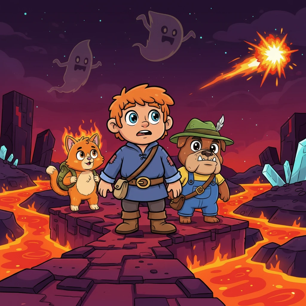 Stepping through the portal, Carson entered the Nether, a loud, dangerous realm where lava flowed like rivers and the air shimmered with intense heat. Ghasts screamed from above, launching exploding fireballs. Carson moved cautiously across narrow paths, his companions close behind, their fur glowing orange in the fiery light.