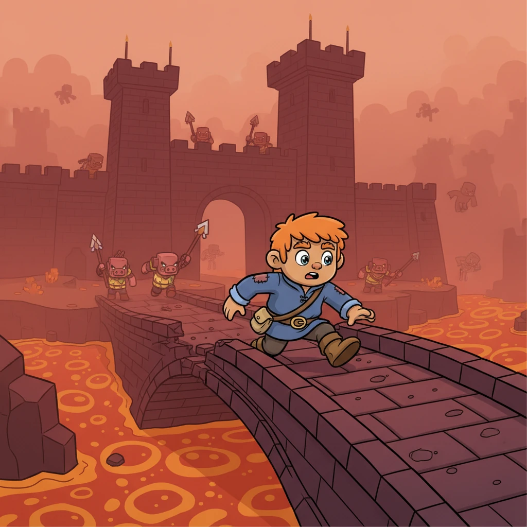 Finding a Nether Fortress was an arduous quest. Carson traversed perilous bridges over lava, dodged aggressive piglins, and fought through numerous monster ambushes. Finally, dark brick towers emerged from the red fog, signaling the fortress's presence.