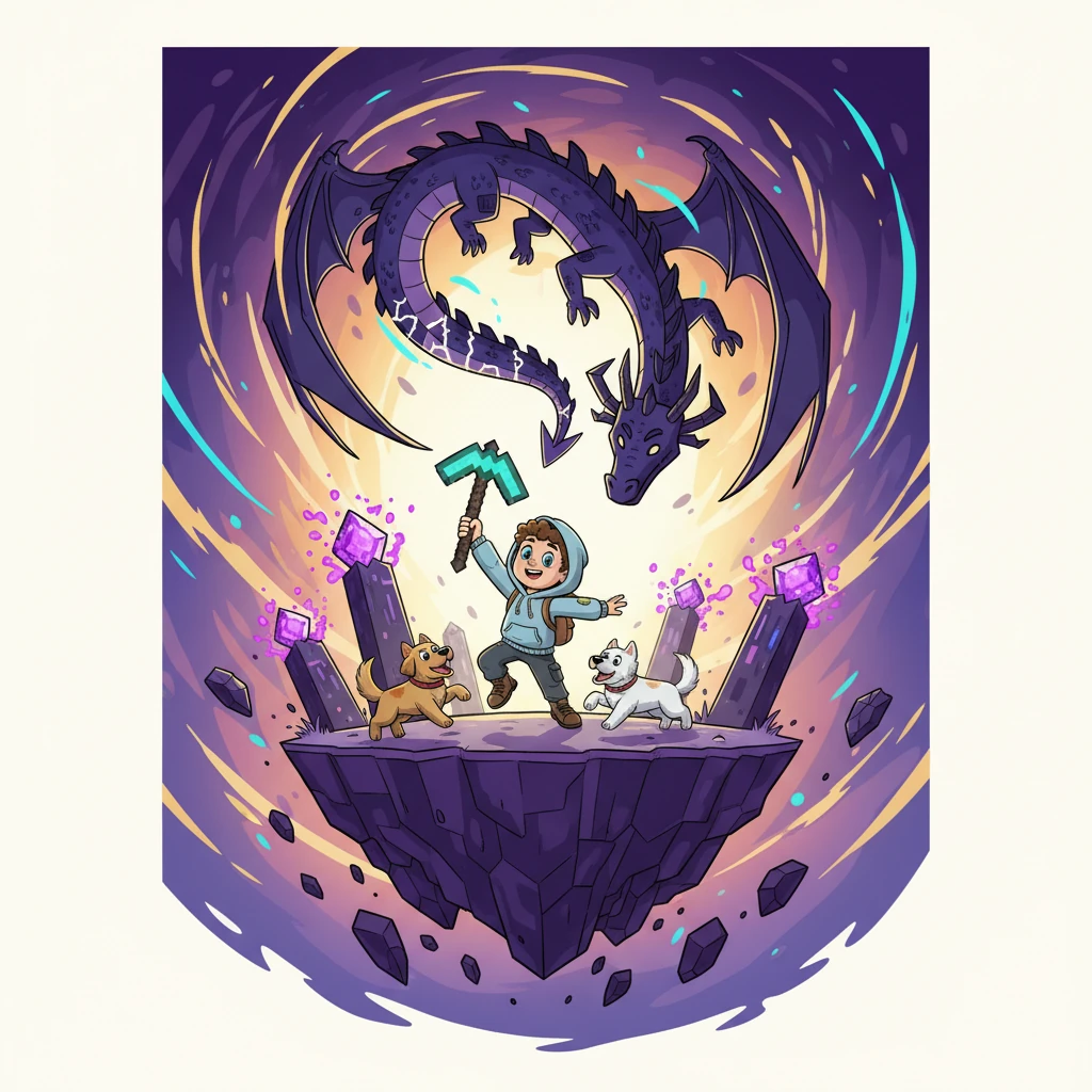 The End was a silent, alien realm of floating islands. High above, the Ender Dragon roared, initiating the fierce final battle. Carson destroyed crystal after crystal, dodging fire and mighty claws, his dogs bravely fighting at his side. With one triumphant strike, the dragon fell, and light filled the sky.