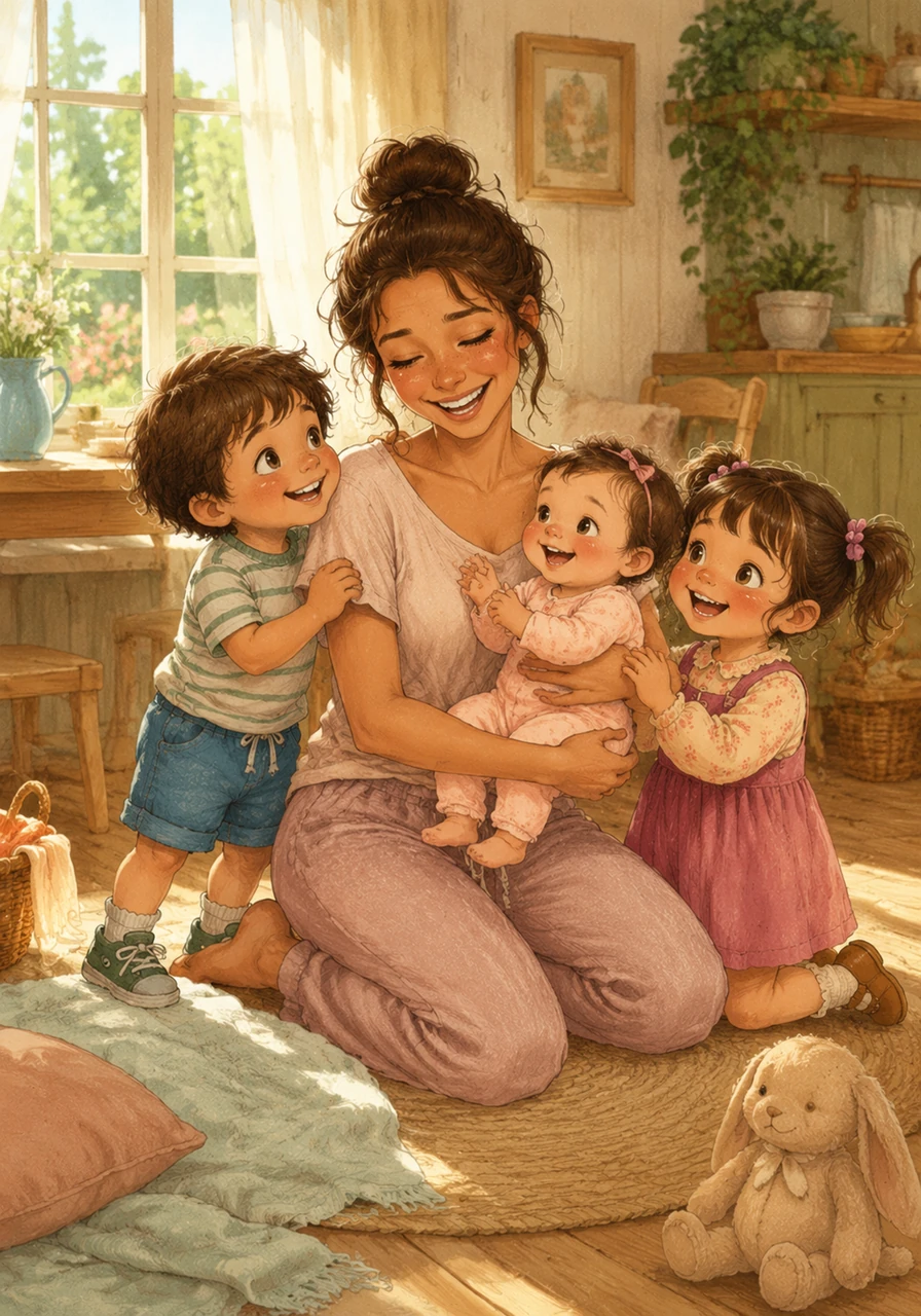 In a bright, sunny cottage, Maya starts her day surrounded by her four little treasures: Leo, Lily, Noah, and Baby Mia. The house is usually a whirlwind of giggles and tiny footsteps, filled with the warmth of a mother’s love.