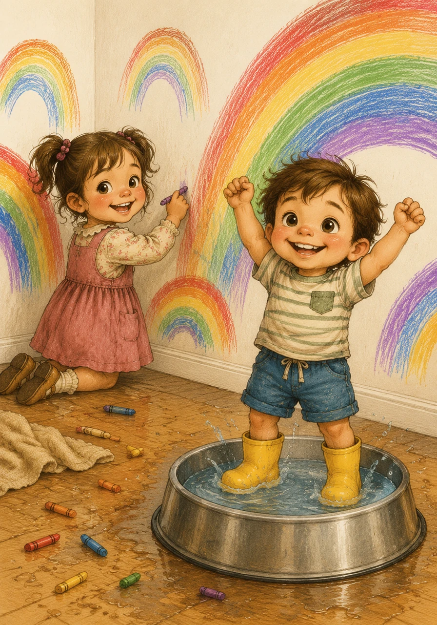 In the corner, Lily is busy adding vibrant rainbows to the white walls with her brightest crayons. Nearby, Noah stands triumphantly inside the dog’s water bowl, wearing his yellow rain boots with a look of pure joy.