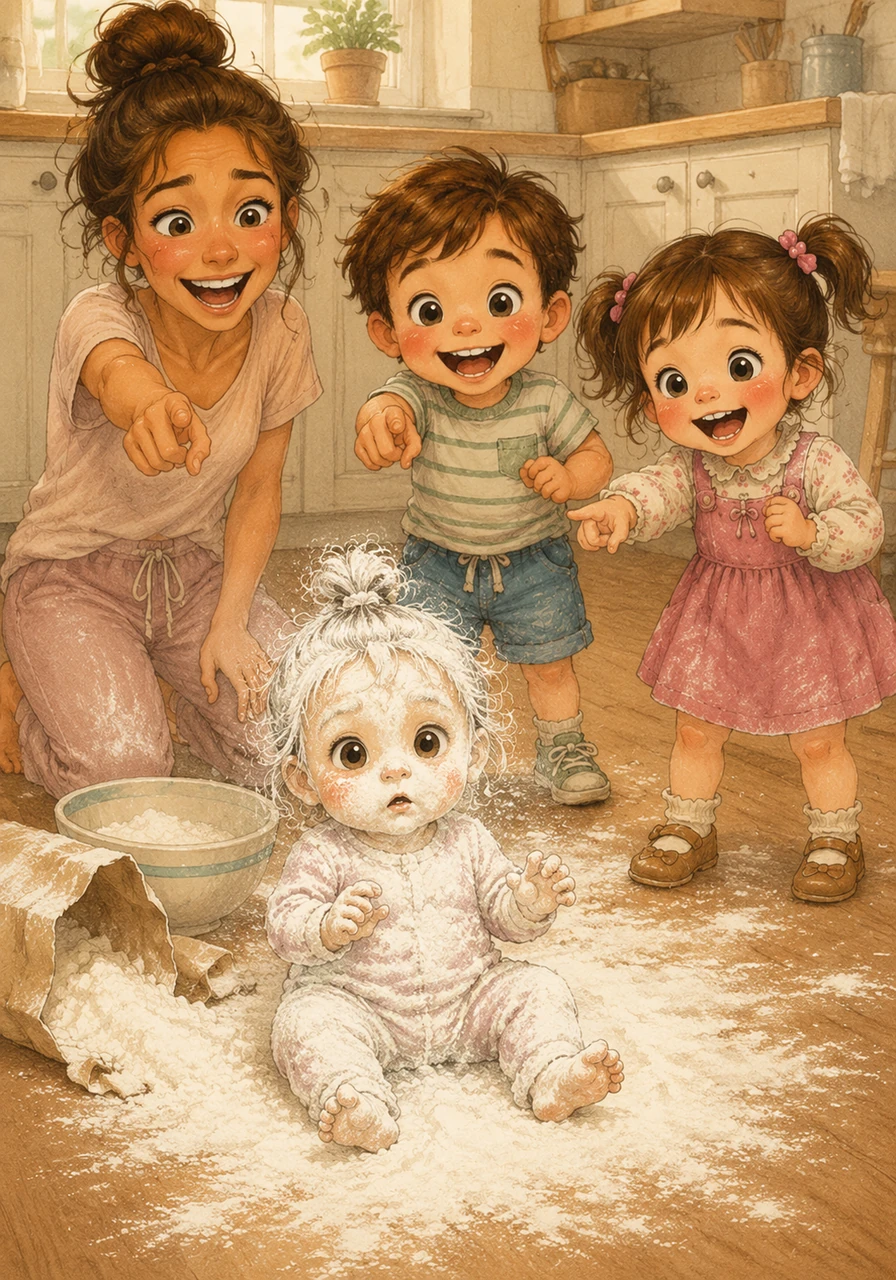The most surprising sight is Baby Mia, who has discovered a bag of flour and turned herself into a tiny, white ghost. She sits on the floor, blinking through the powder, while the older children shout “Mommy! Look!” in happy unison.
