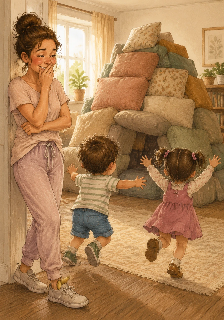 Maya tries to hold back her laughter as the children scramble into the living room to show off their next creation. The sofa cushions have been stacked into a giant mountain, and a lone banana has been tucked neatly inside one of Maya’s shoes.