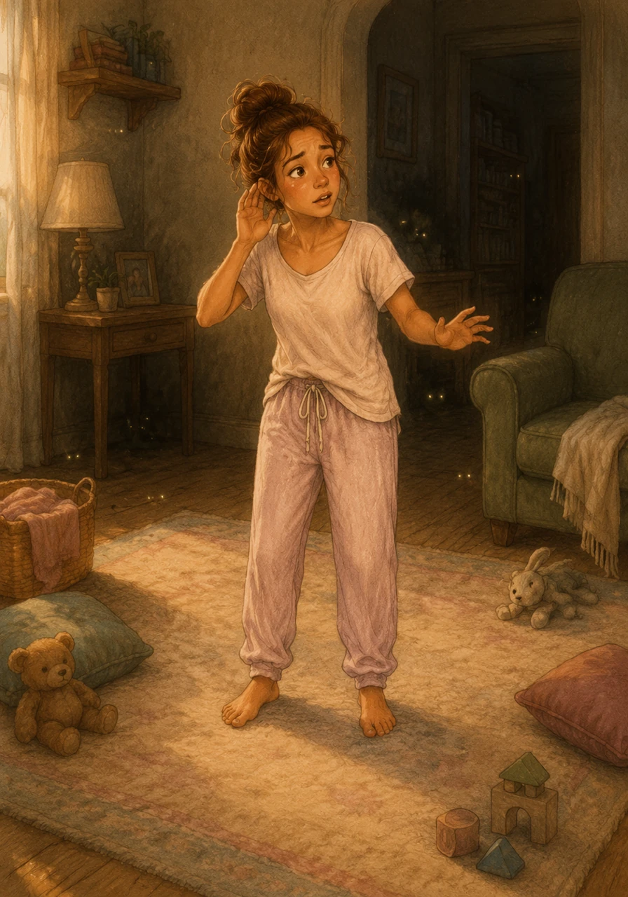Suddenly, the room goes quiet again as the four siblings vanish from sight. Maya calls out into the room, asking where everyone went, while listening to the sound of tiny, muffled whispers coming from the shadows.