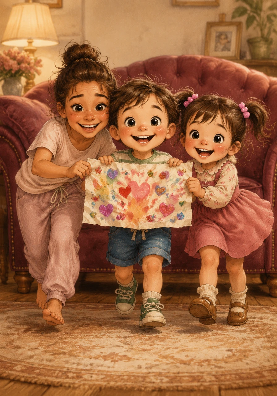 From behind the velvet couch, the children jump out together, holding a crumpled, colorful card. It is covered in messy fingerprints, shiny stickers, and crooked hearts, created with all the love their little hands could give.