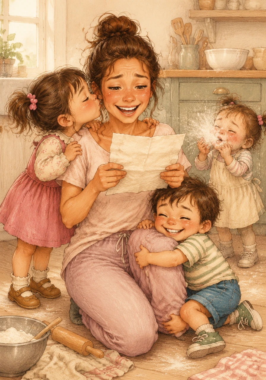 The children shower Maya with affection as she reads their wobbly “We Love You” message. Leo gives her a giant leg hug, Lily plants a kiss on her cheek, and Baby Mia sneezes a tiny cloud of flour into the air.