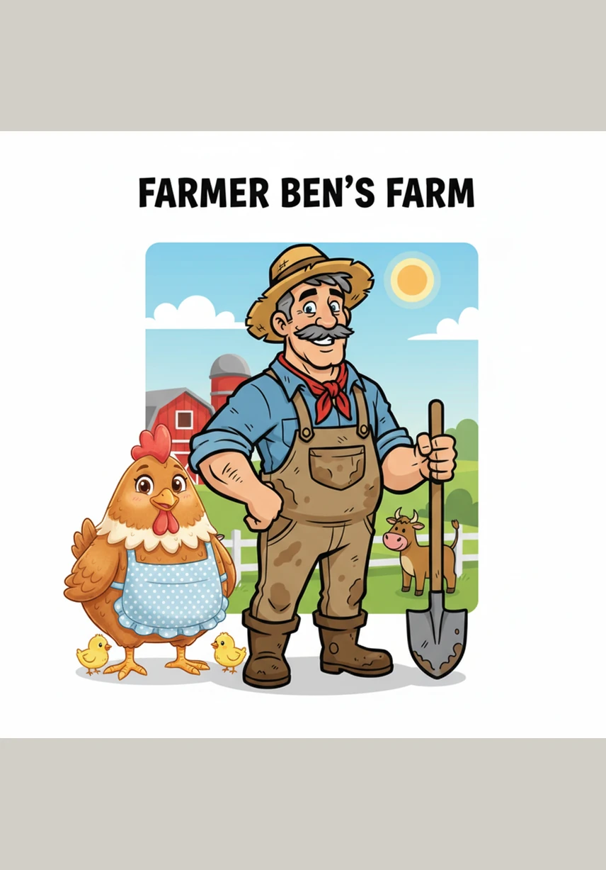 Farmer Ben stands in front of his big red barn. He has 1 big sun hat on his head. It is a beautiful morning on the farm.