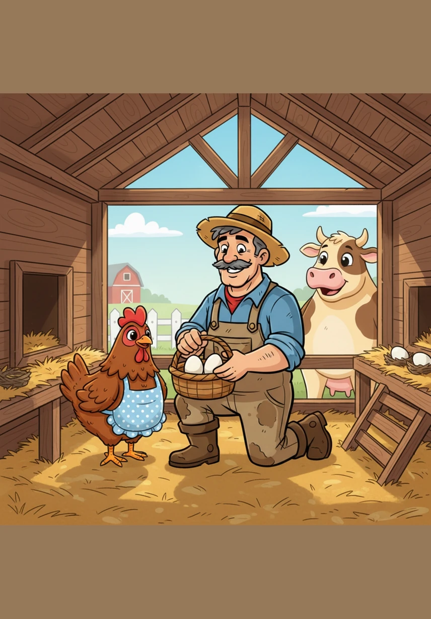 Ben goes to the chicken coop to see his friends. The chicken lay 2 white eggs. He puts them carefully into his basket.