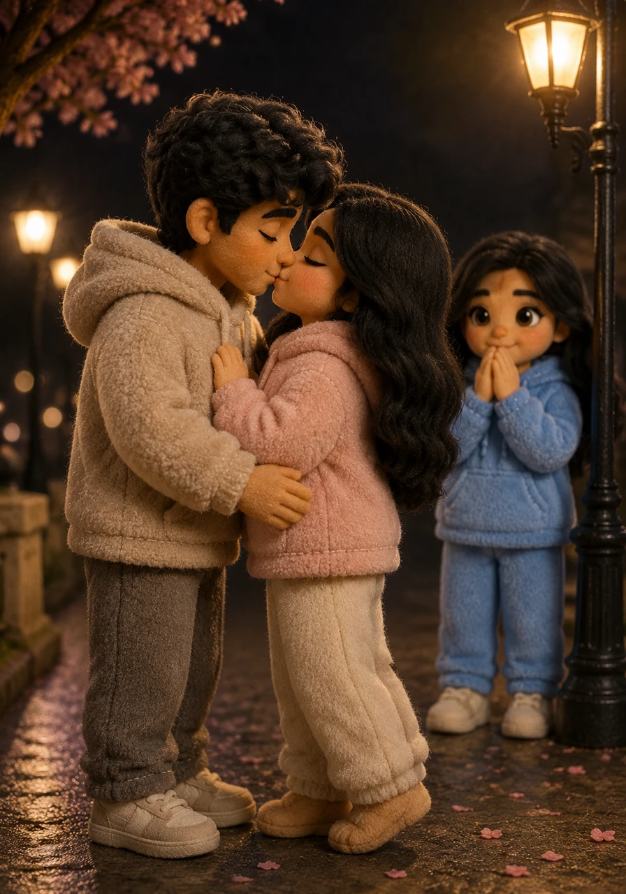 Beneath the gentle glow of streetlights, they share a first kiss that is soft, nervous, and utterly magical. It is a silent promise felt by two hearts, a memory they know they will replay in their minds forever.
