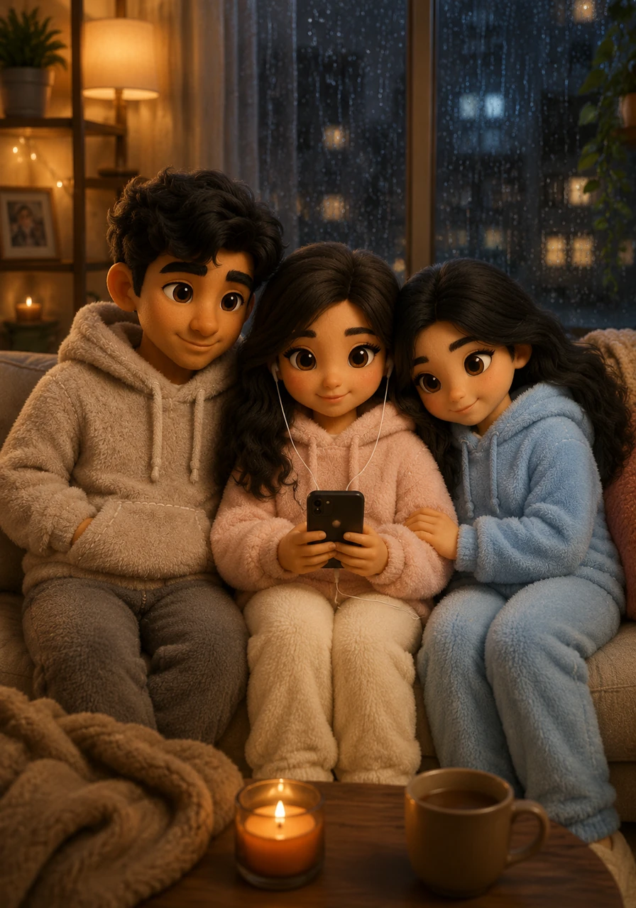 On a rainy evening, they retreat into their own world, wrapped in soft hoodies and the comfort of a shared playlist. The sound of raindrops against the window underscores their quiet understanding, a peace that needs no words to be felt deeply.