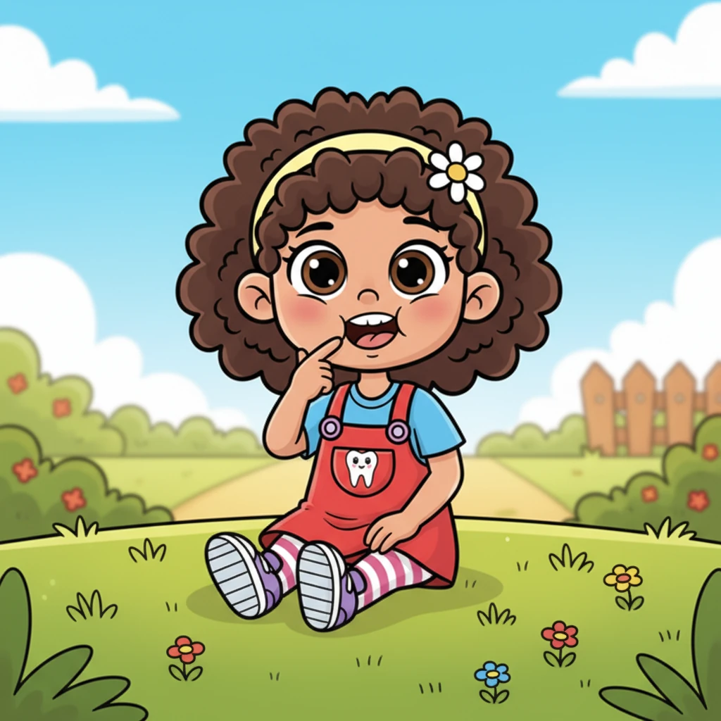 One sunny morning, while giggling at a funny joke, Lily felt a tiny wiggle! One of her front teeth felt a little loose. She poked it with her tongue, a curious look on her face, wondering what was happening inside her mouth.