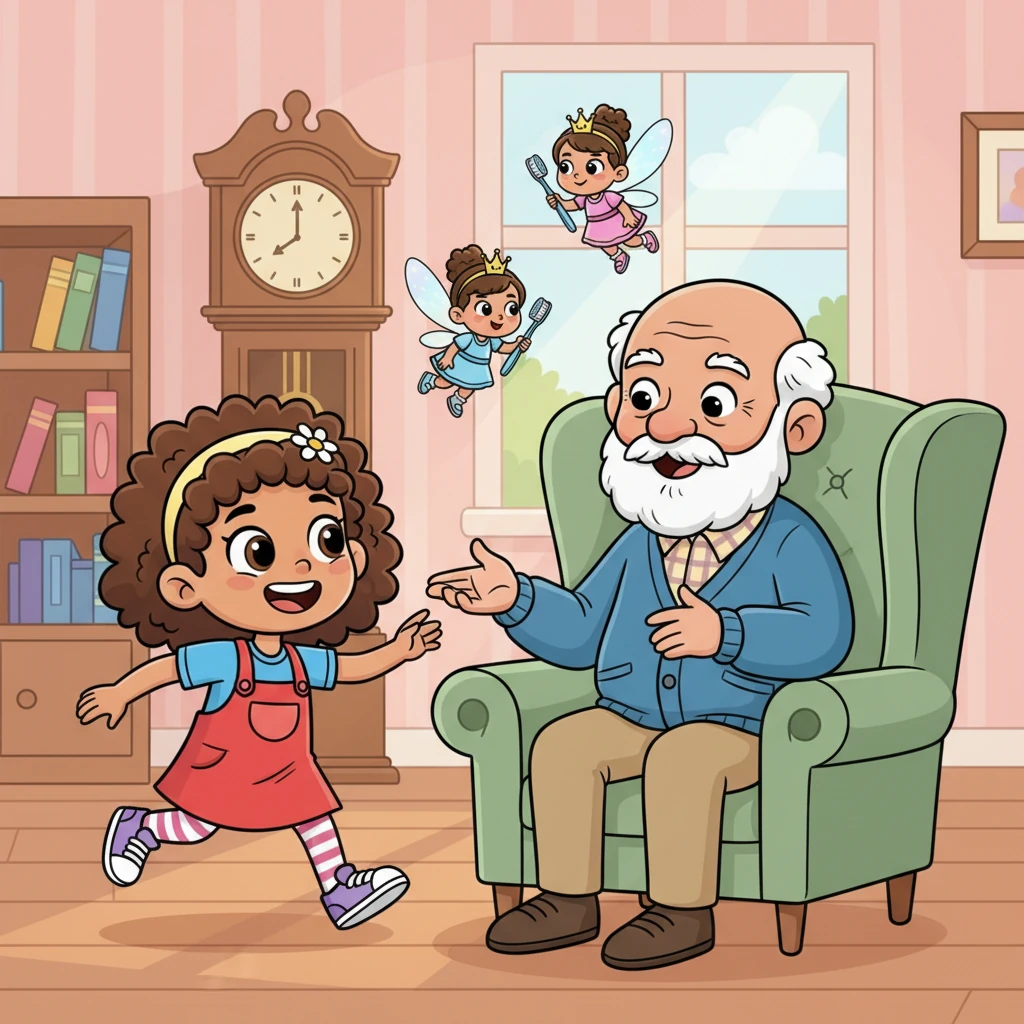 Lily rushed to her wise old Grandpa, who smiled kindly. He told her about the 'Tooth Fairies' tiny helpers who know all about teeth. Grandpa explained that her wobbly tooth was a special baby tooth, getting ready for a big adventure!