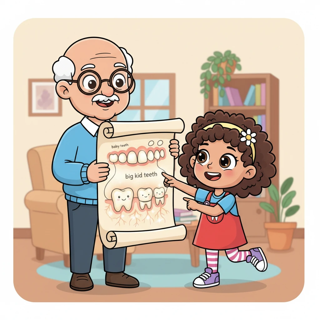 Grandpa showed Lily a magical drawing of her mouth. He explained that underneath her baby teeth, like little sleepy seeds, were brand new 'big kid' teeth waiting to grow. These permanent teeth were patient, cozy, and getting stronger every day.